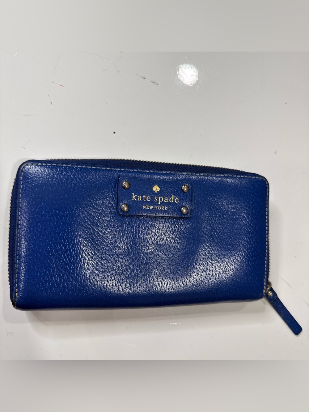 Kate Spade Leather Wellesley Neda Large Zip Wallet in Cobalt Blue Gold Accents a